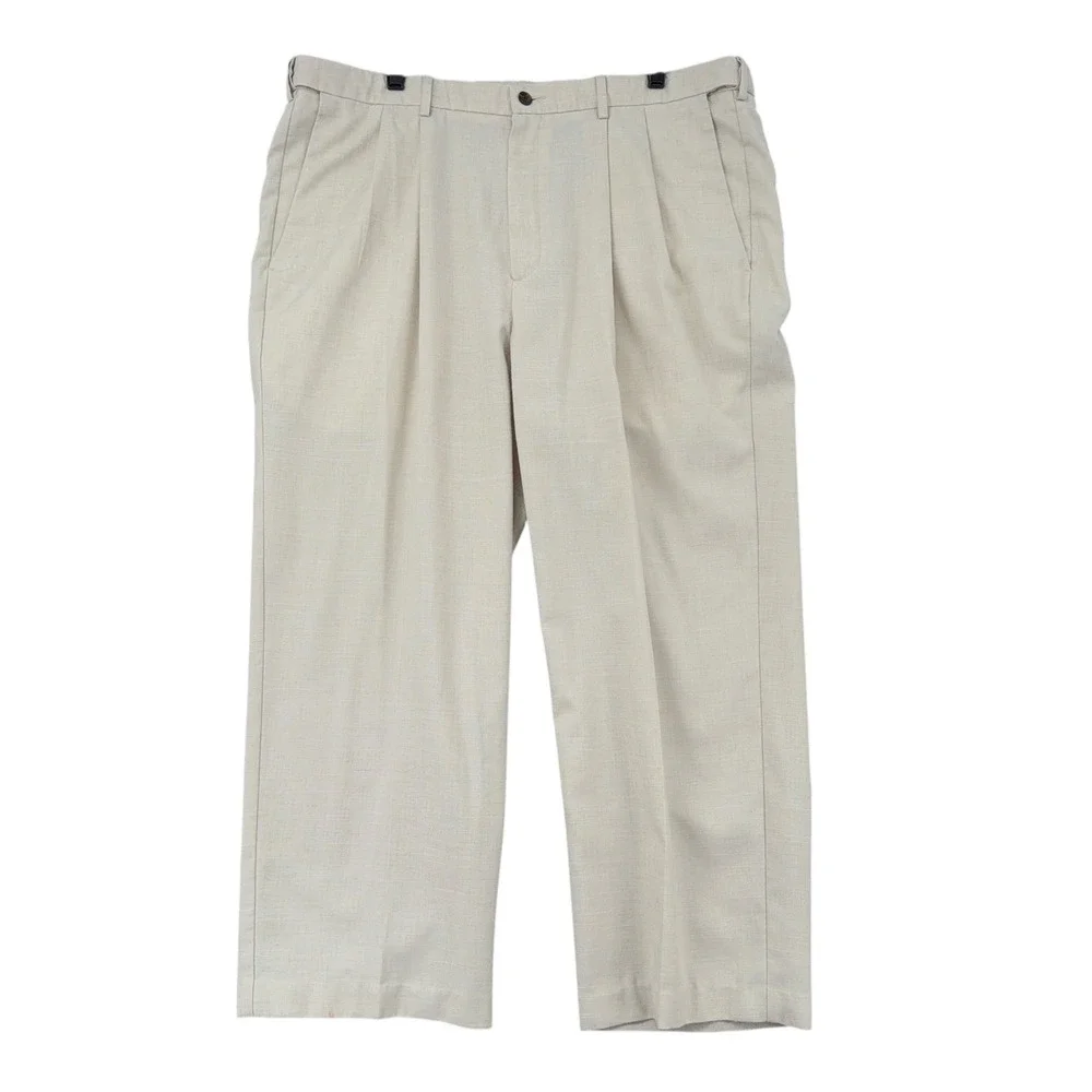Haggar Mens Pleated Casual Pants Tan Khaki Size 40x27 Polyester Linen Blend‎